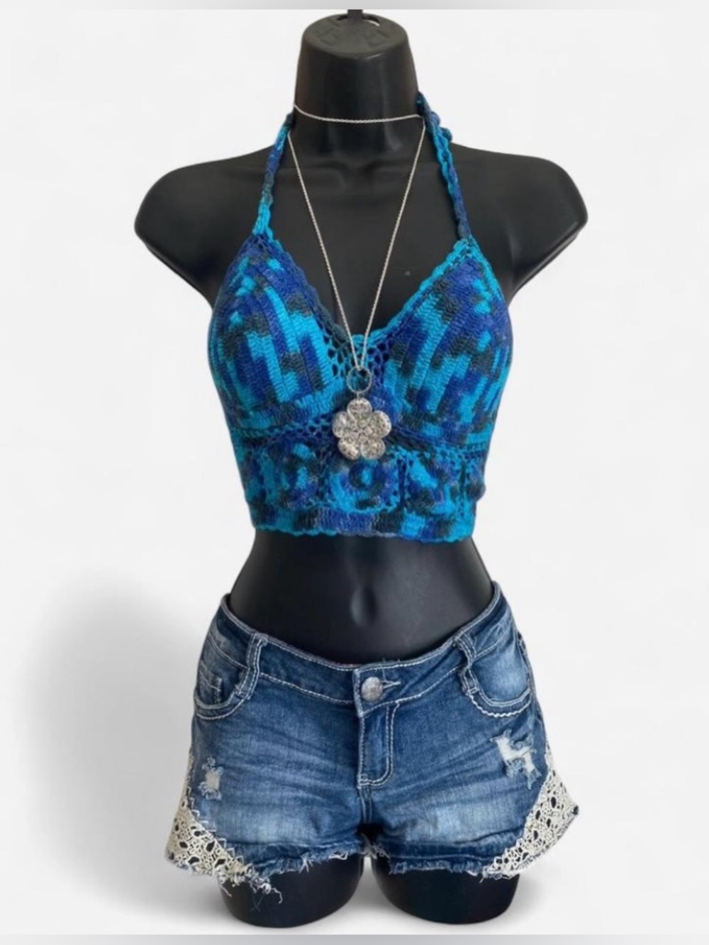 Vintage Y2k Blue Crochet Halter Crop Top
